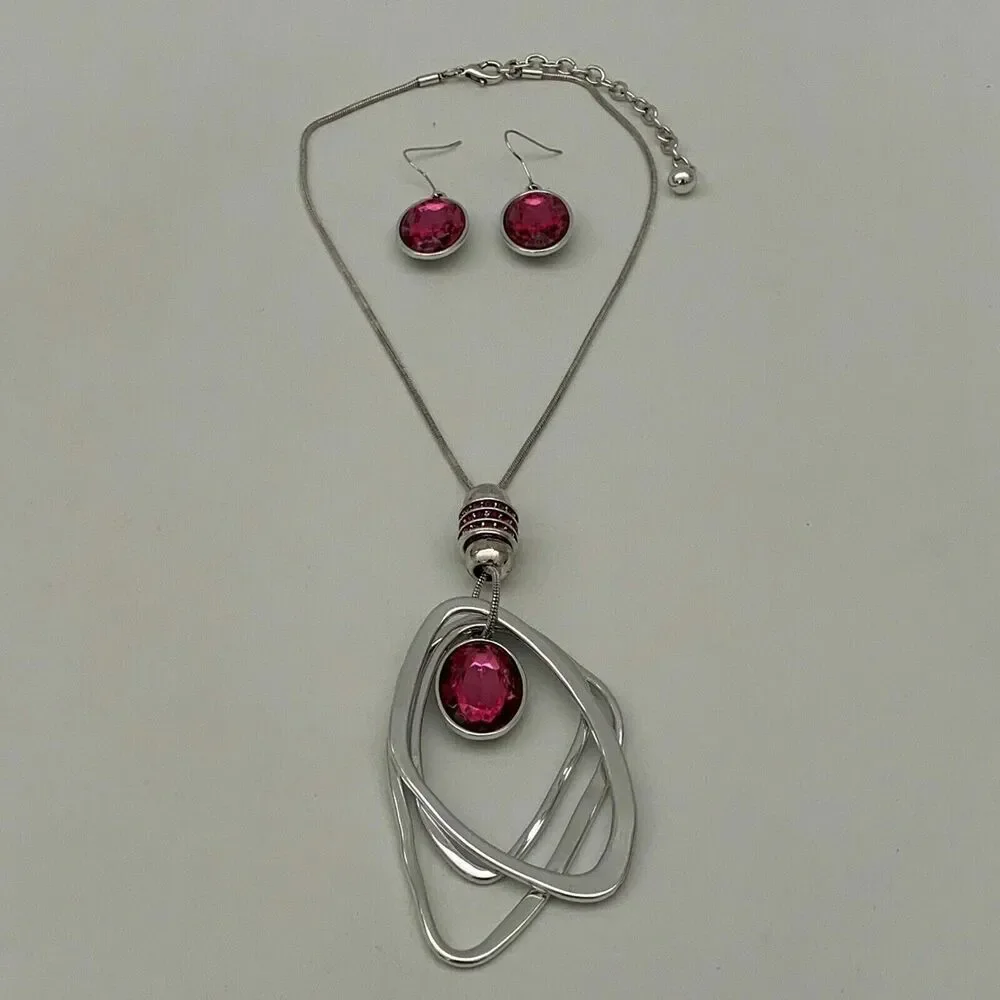 Women's‎ Necklace Dangling Earrings Set Pink Fuchsia Stone Silver-tone NWOT